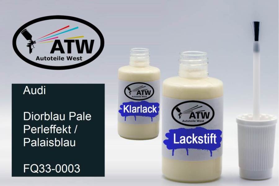 Audi, Diorblau Pale Perleffekt / Palaisblau, FQ33-0003: 20ml Lackstift + 20ml Klarlack - Set, von ATW Autoteile West.